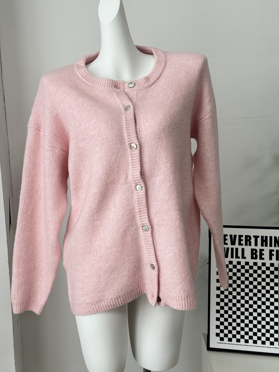 Fuzzy Wool Button Front Crew Neck Cardigan - Pink - 1