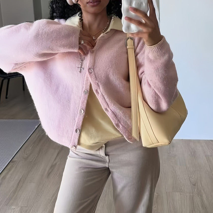 Fuzzy Wool Button Front Crew Neck Cardigan - Pink - 2