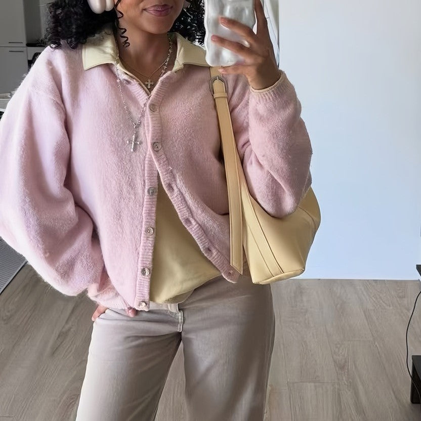 Fuzzy Wool Button Front Crew Neck Cardigan - Pink - 3