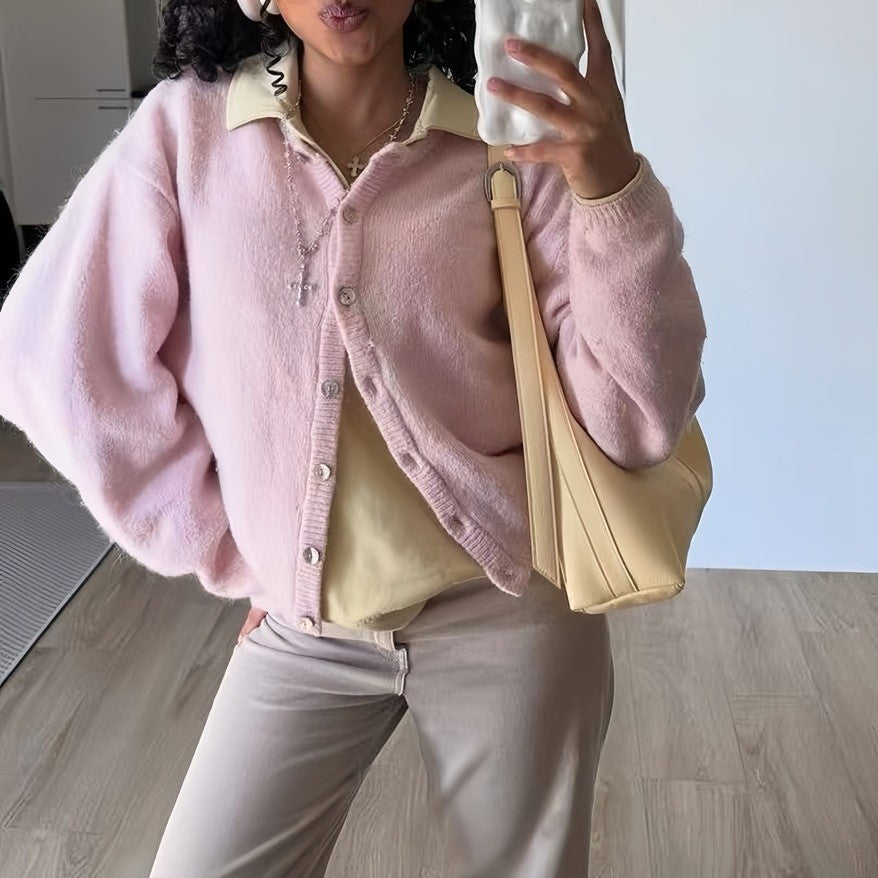 Fuzzy Wool Button Front Crew Neck Cardigan - Pink - 4