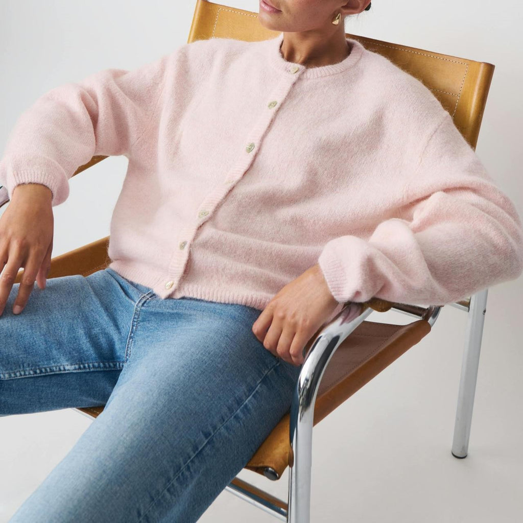 Fuzzy Wool Button Front Crew Neck Cardigan - Pink - 5