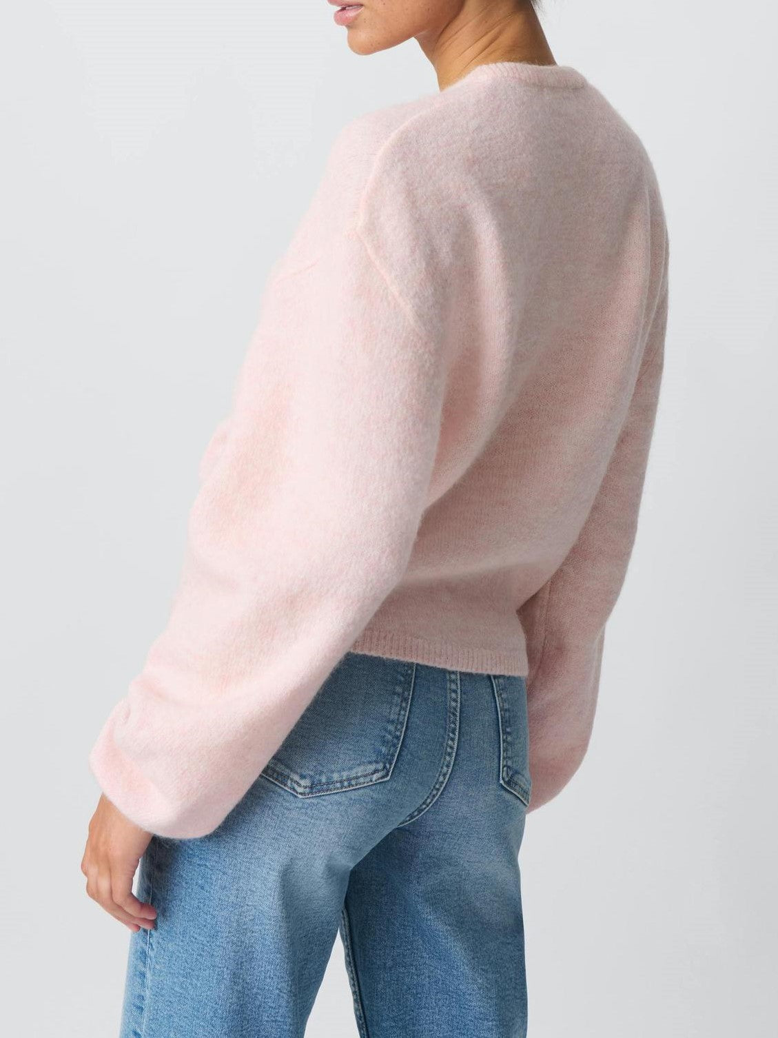 Fuzzy Wool Button Front Crew Neck Cardigan - Pink - 6