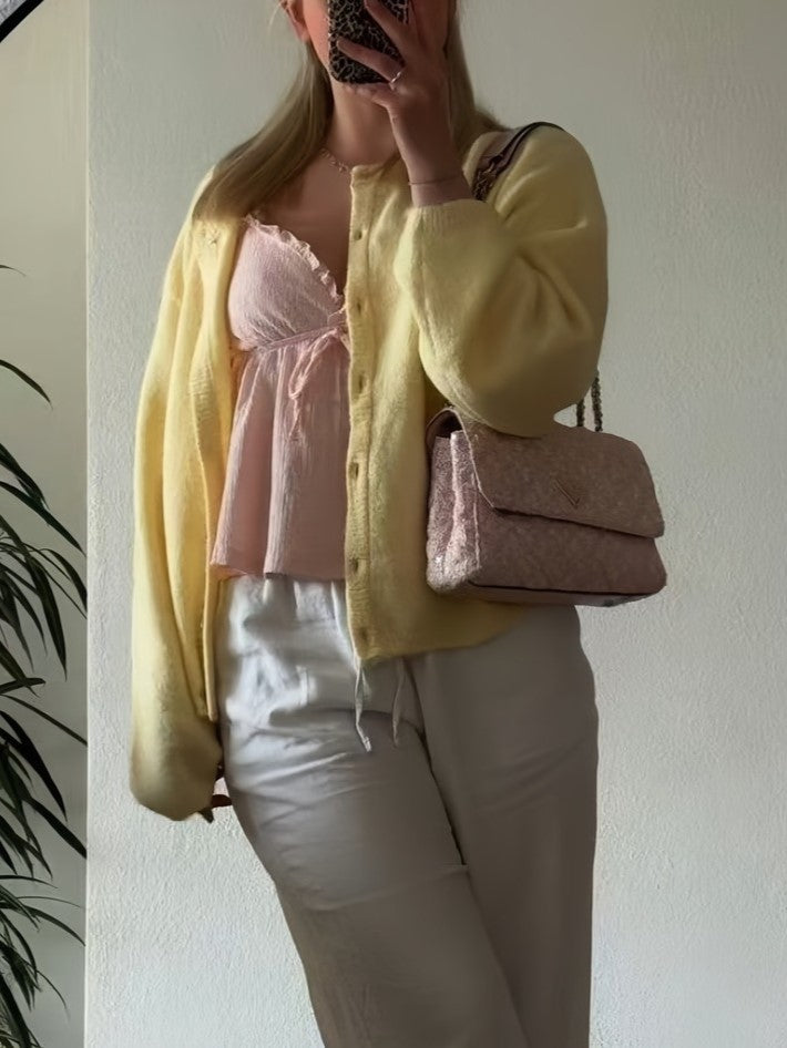 Fuzzy Wool Button Front Crew Neck Cardigan - Yellow - 6
