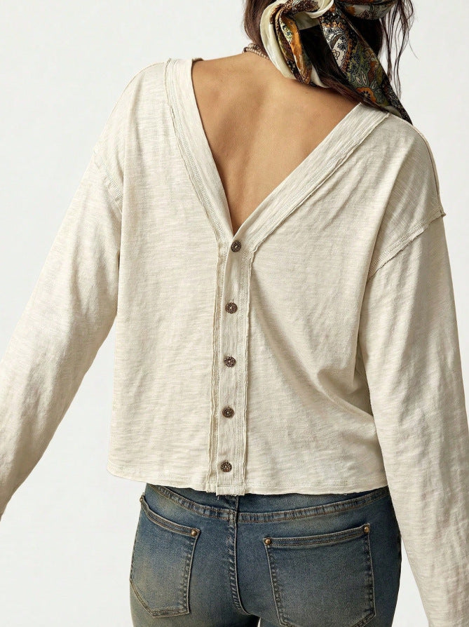 Slub Knit Button Front V Neck Blouse - Apricot