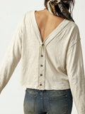 Slub Knit Button Front V Neck Blouse - Apricot