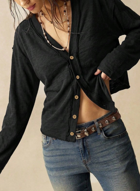 Slub Knit Button Front V Neck Blouse - Black