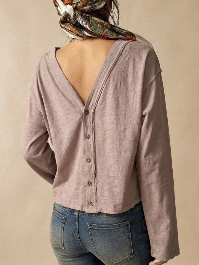 Slub Knit Button Front V Neck Blouse - Pink