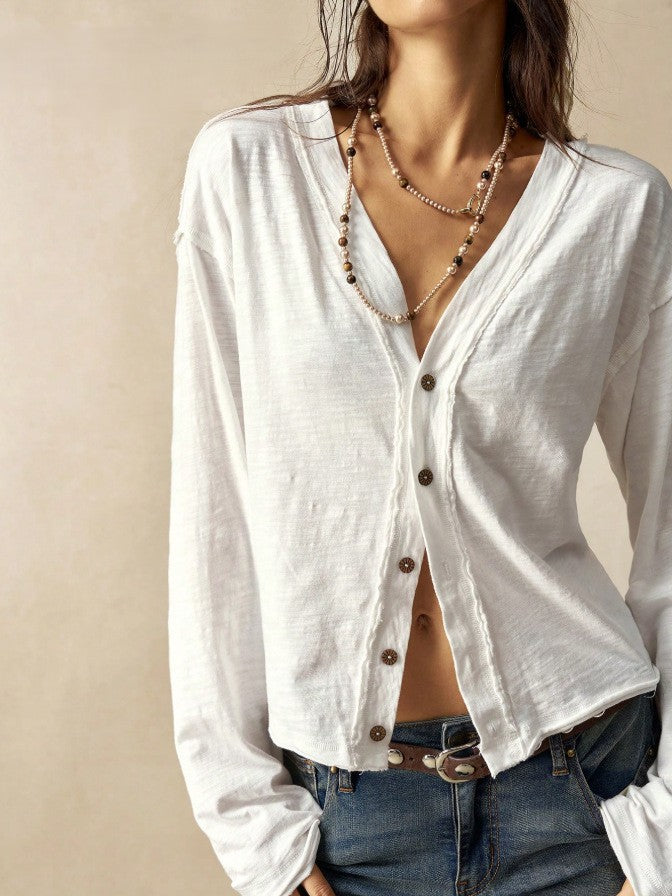 Slub Knit Button Front V Neck Blouse - White
