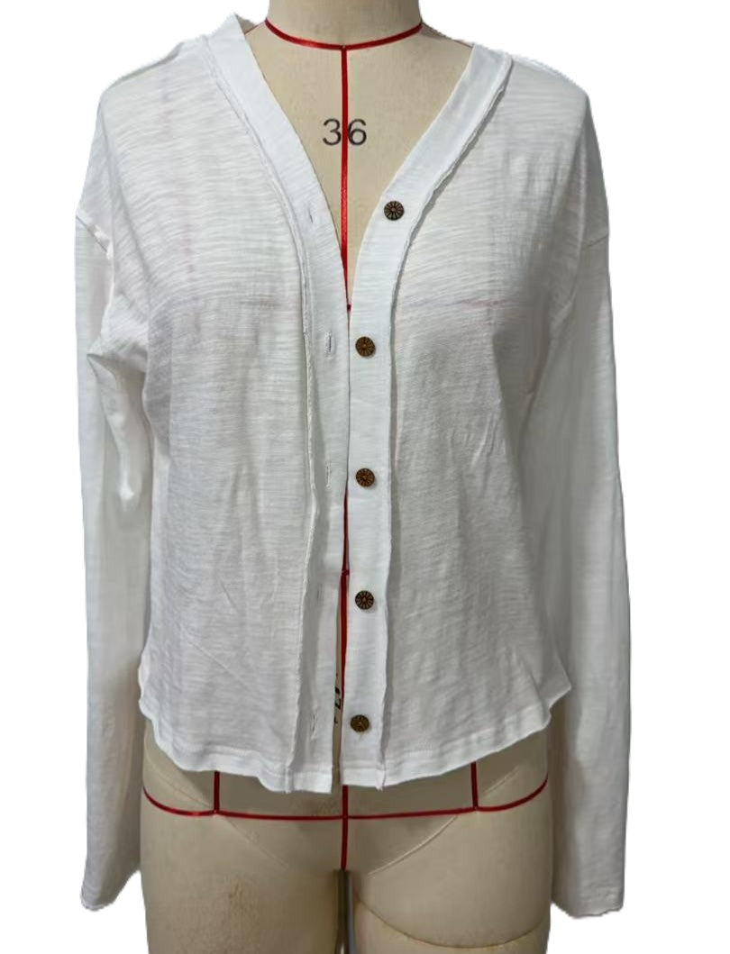 Slub Knit Button Front V Neck Blouse - White - 1