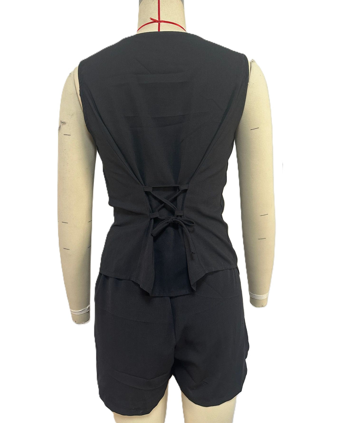 Asymmetric Button Vest And Shorts Set - Black - 2