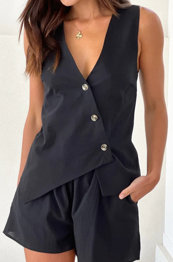 Asymmetric Button Vest And Shorts Set - Black - 3