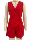 Asymmetric Button Vest And Shorts Set - Red