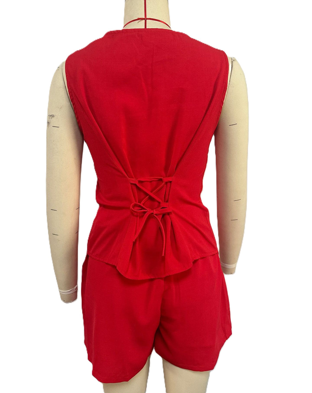 Asymmetric Button Vest And Shorts Set - Red - 1