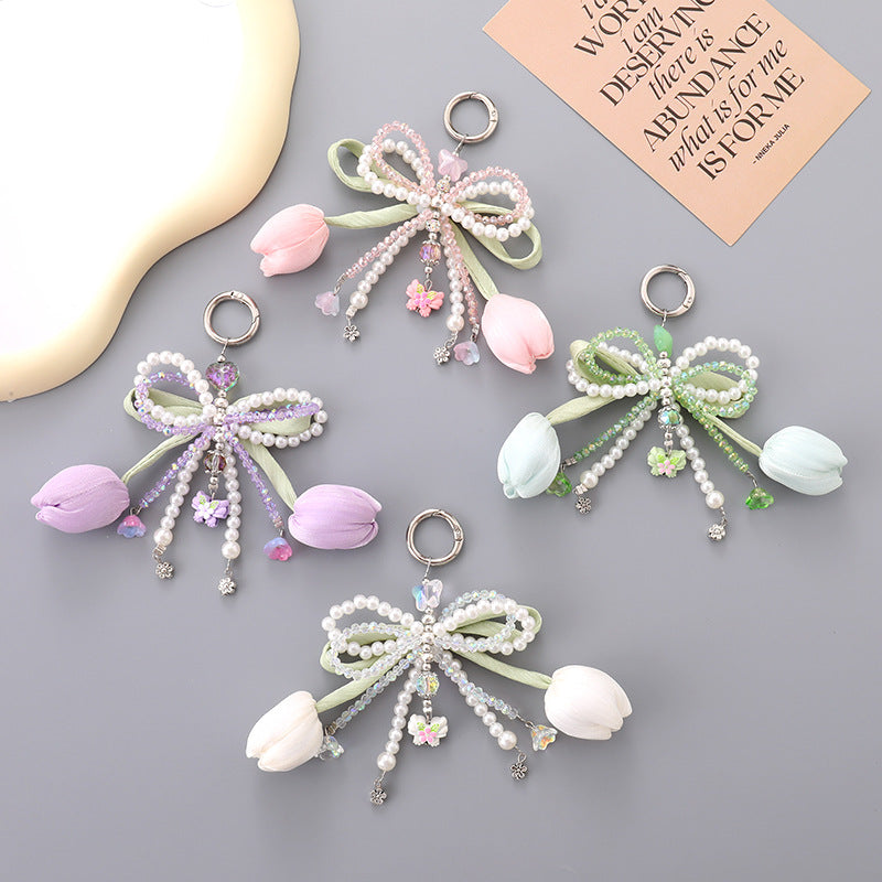 Pearl Bow Tulip Flower Keychain Charm