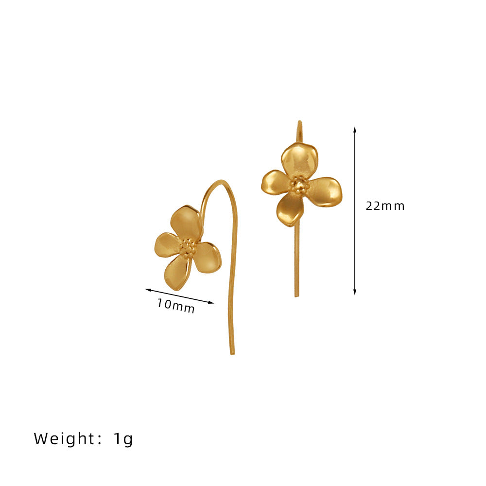 Brushed Flower Threader Line Earrings - Gold