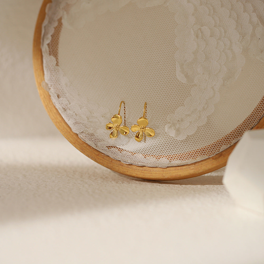 Brushed Flower Threader Line Earrings - Gold - 3