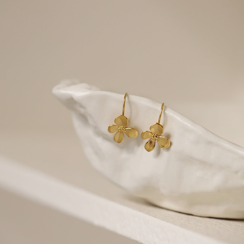 Brushed Flower Threader Line Earrings - Gold - 4