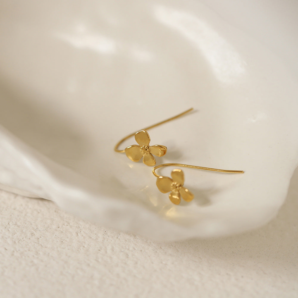 Brushed Flower Threader Line Earrings - Gold - 5