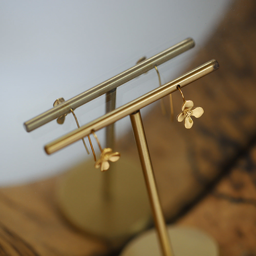Brushed Flower Threader Line Earrings - Gold - 6