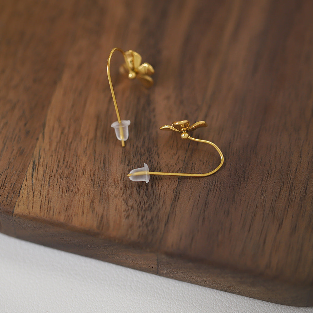 Brushed Flower Threader Line Earrings - Gold - 7