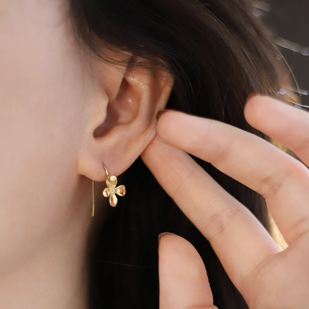 Brushed Flower Threader Line Earrings - Gold - 8