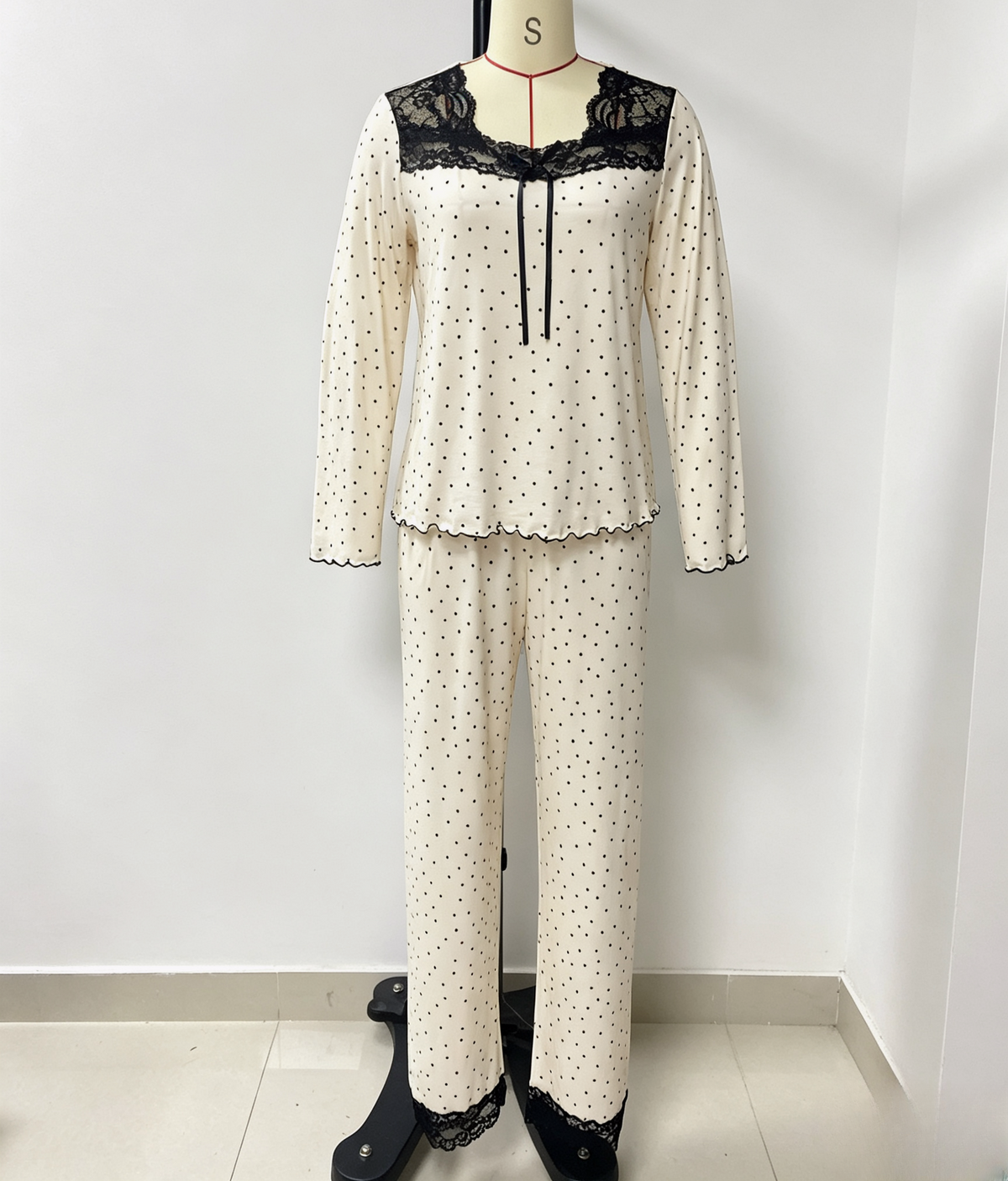 Dotted Knit Pajama Set With Lace Yoke - Apricot - 1