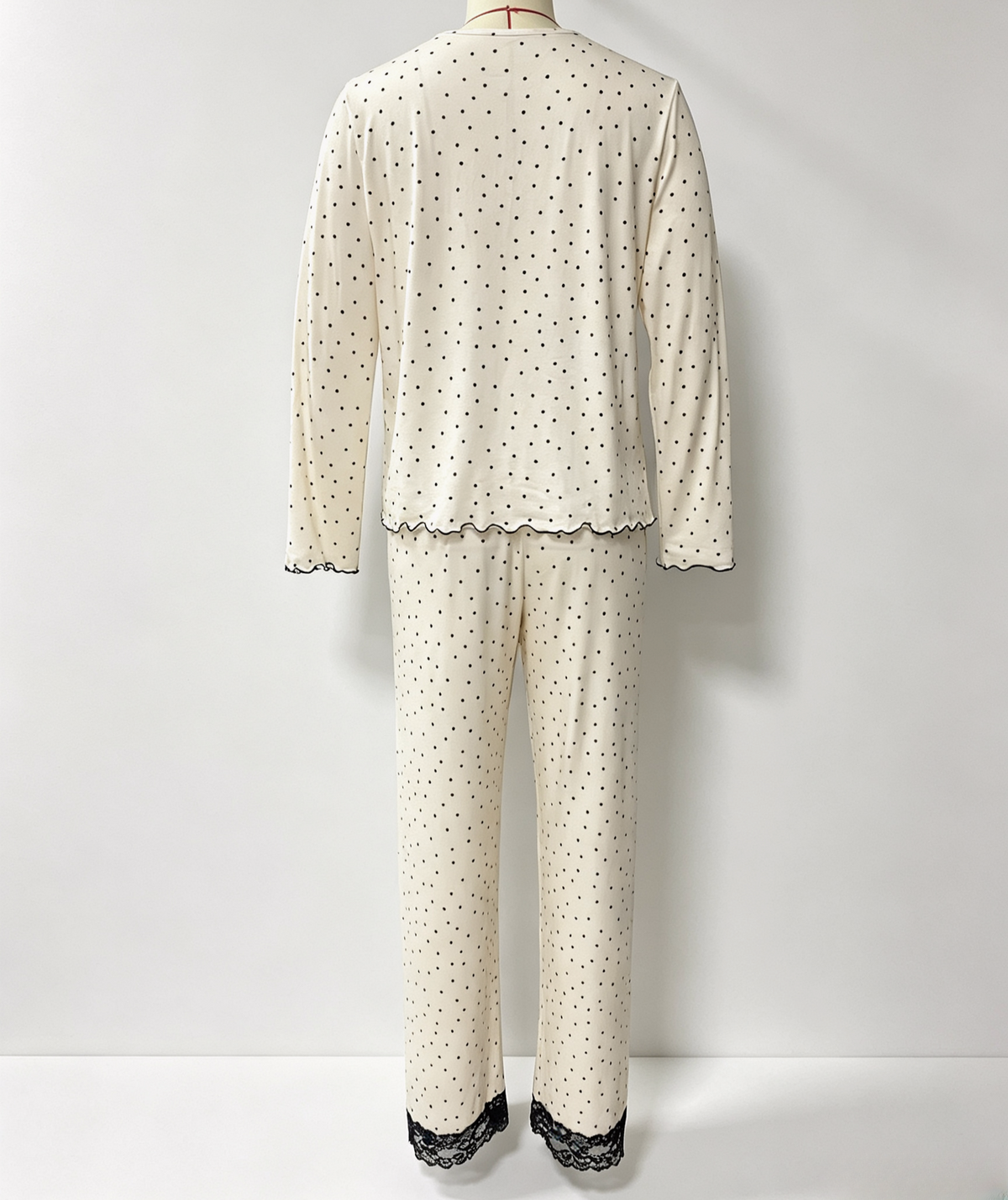 Dotted Knit Pajama Set With Lace Yoke - Apricot - 4