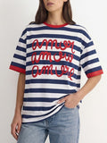Oversized Striped Ringer Tee With Script Print - Blue