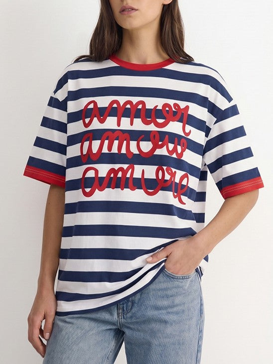Oversized Striped Ringer Tee With Script Print - Blue