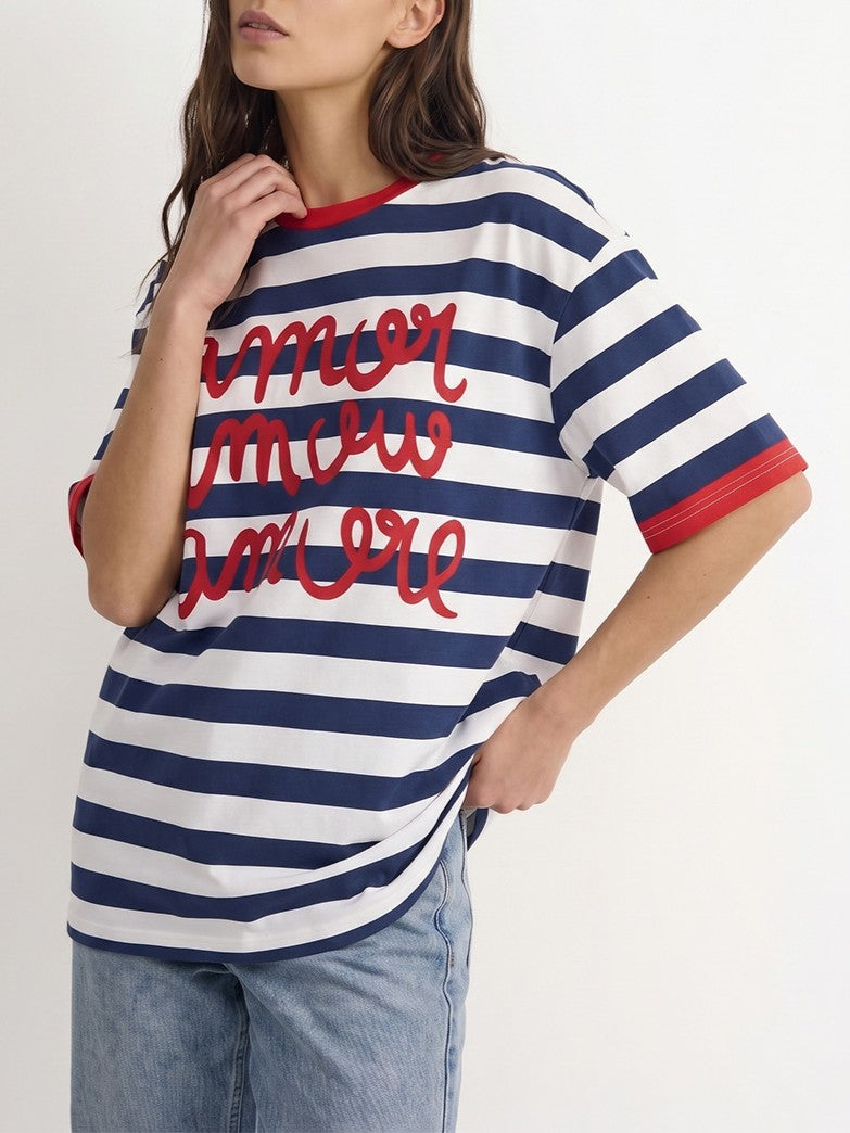Oversized Striped Ringer Tee With Script Print