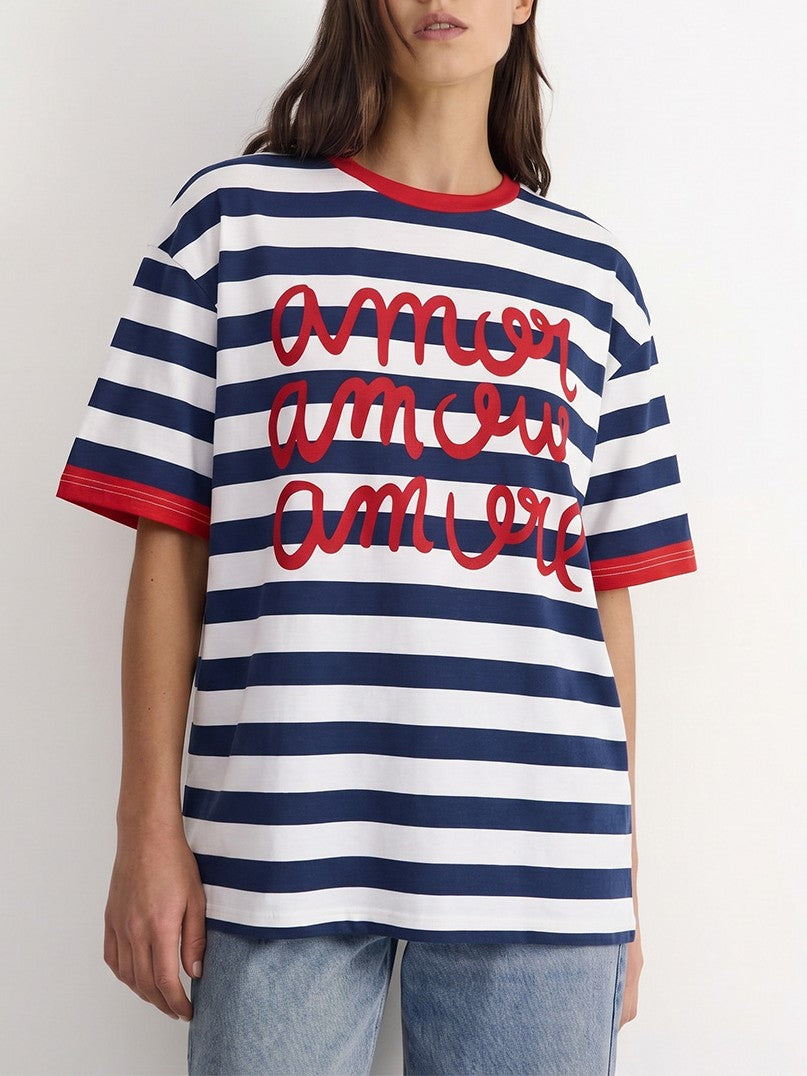 Oversized Striped Ringer Tee With Script Print - view 1