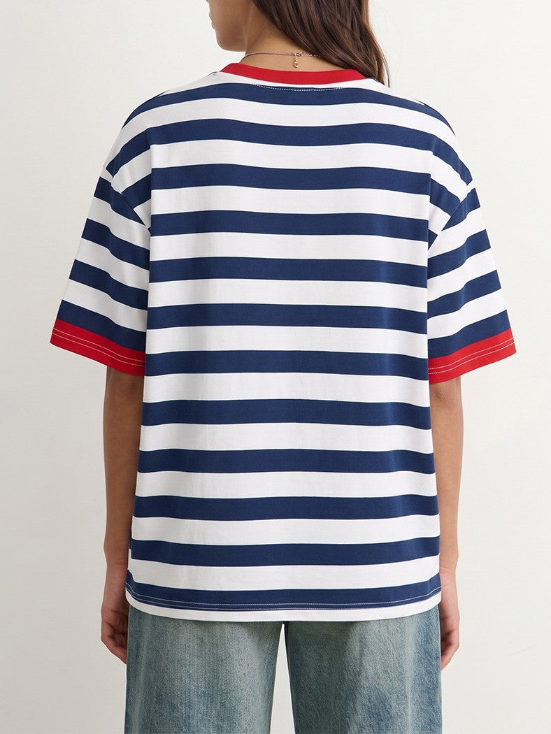 Oversized Striped Ringer Tee With Script Print - view 2