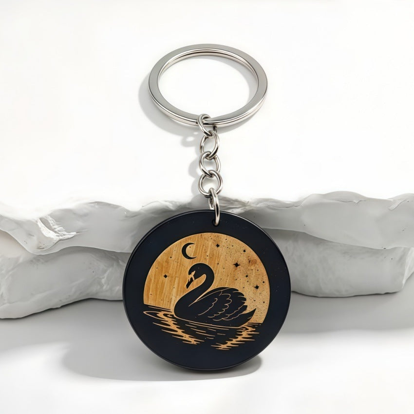 Engraved Swan Wood Keychain with Moon Design - Black