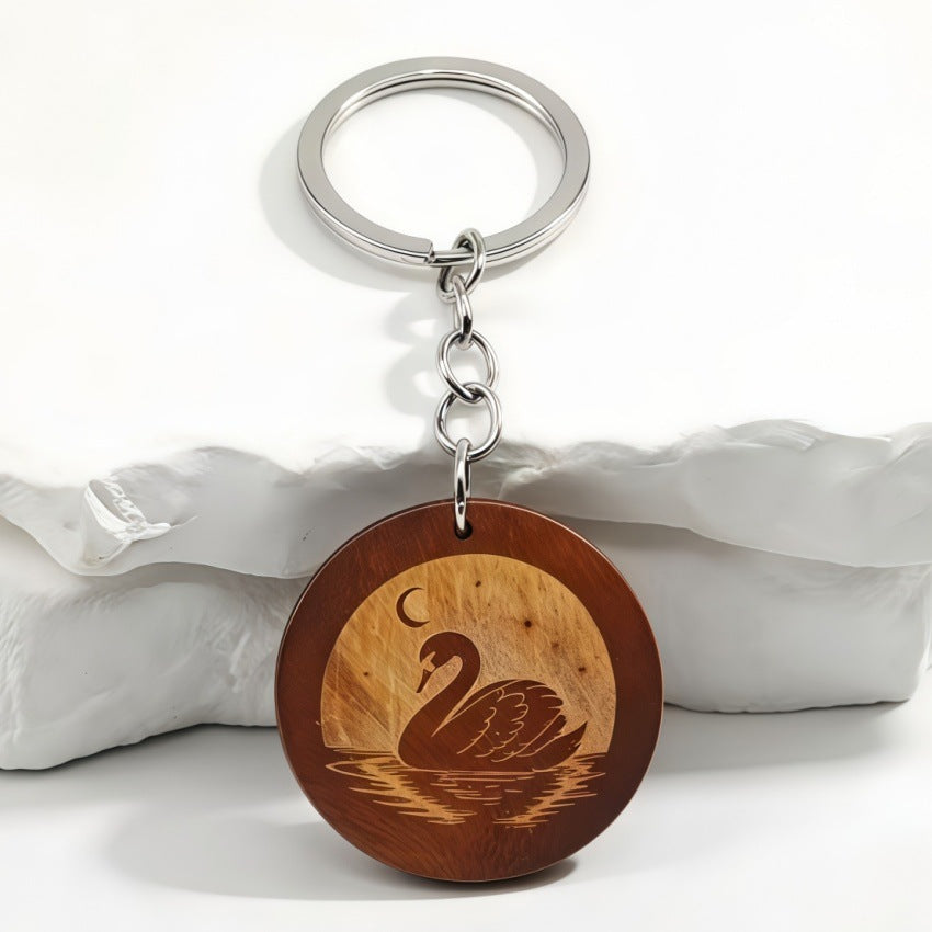 Engraved Swan Wood Keychain with Moon Design - Coffee