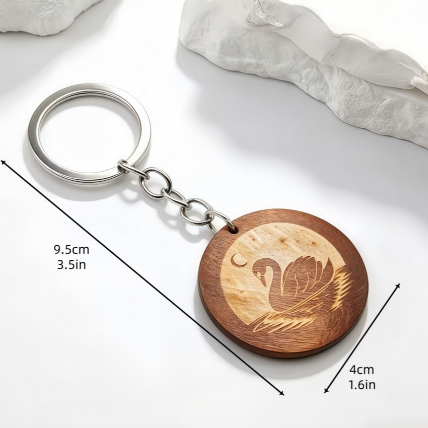 Engraved Swan Wood Keychain with Moon Design - Coffee - 1
