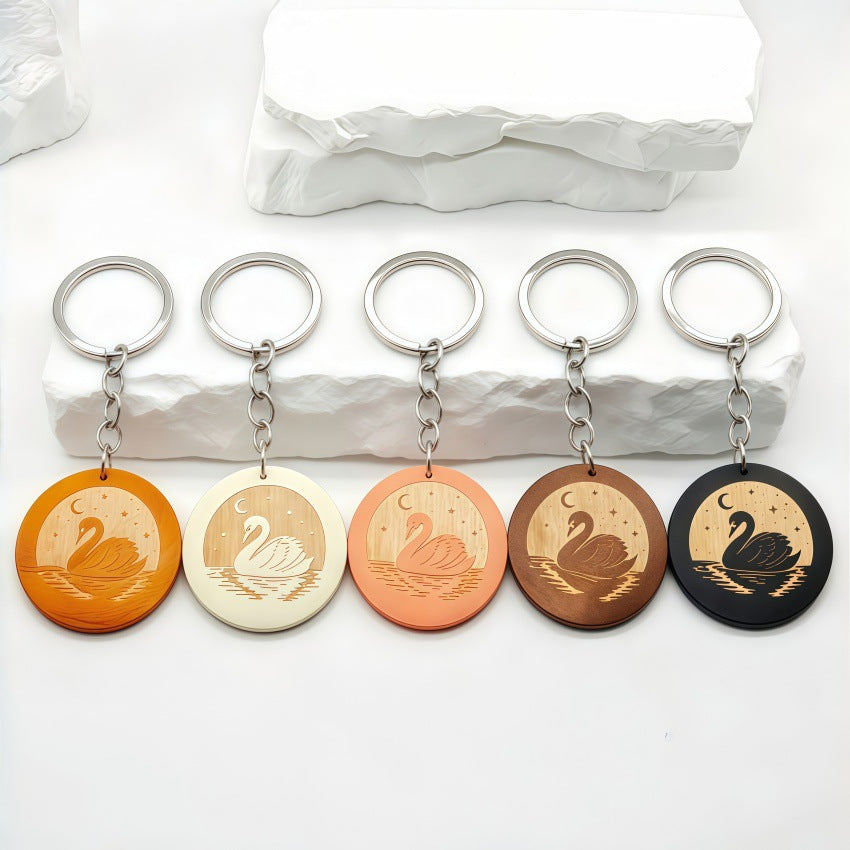 Engraved Swan Wood Keychain with Moon Design - Coffee - 2
