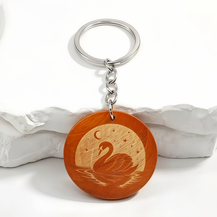 Engraved Swan Wood Keychain with Moon Design - Khaki