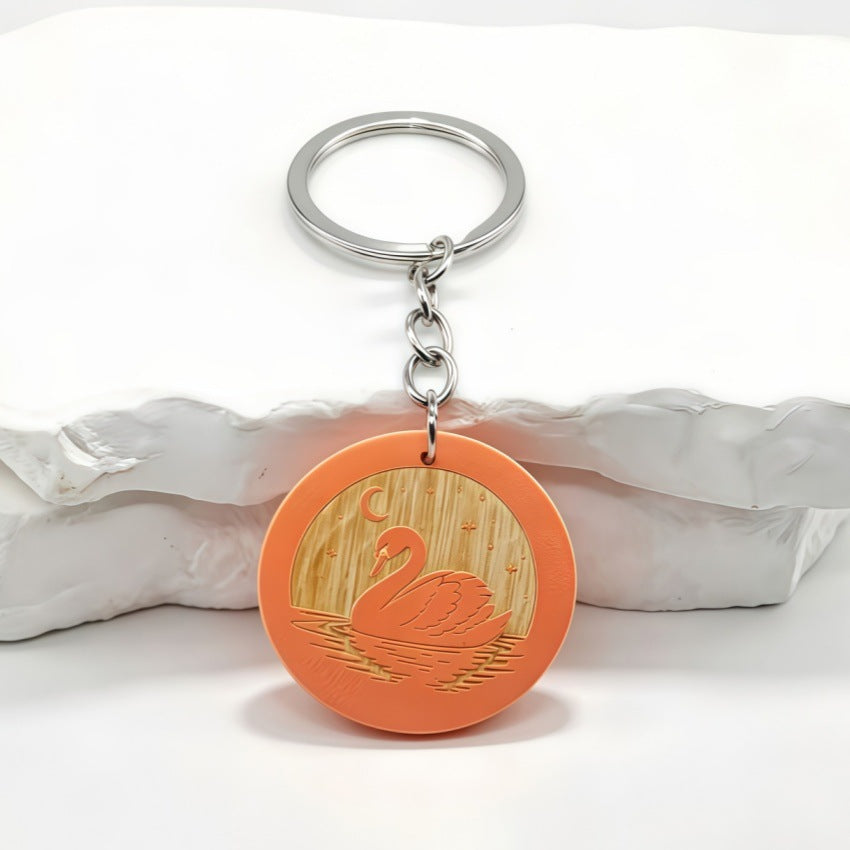 Engraved Swan Wood Keychain with Moon Design - Pink