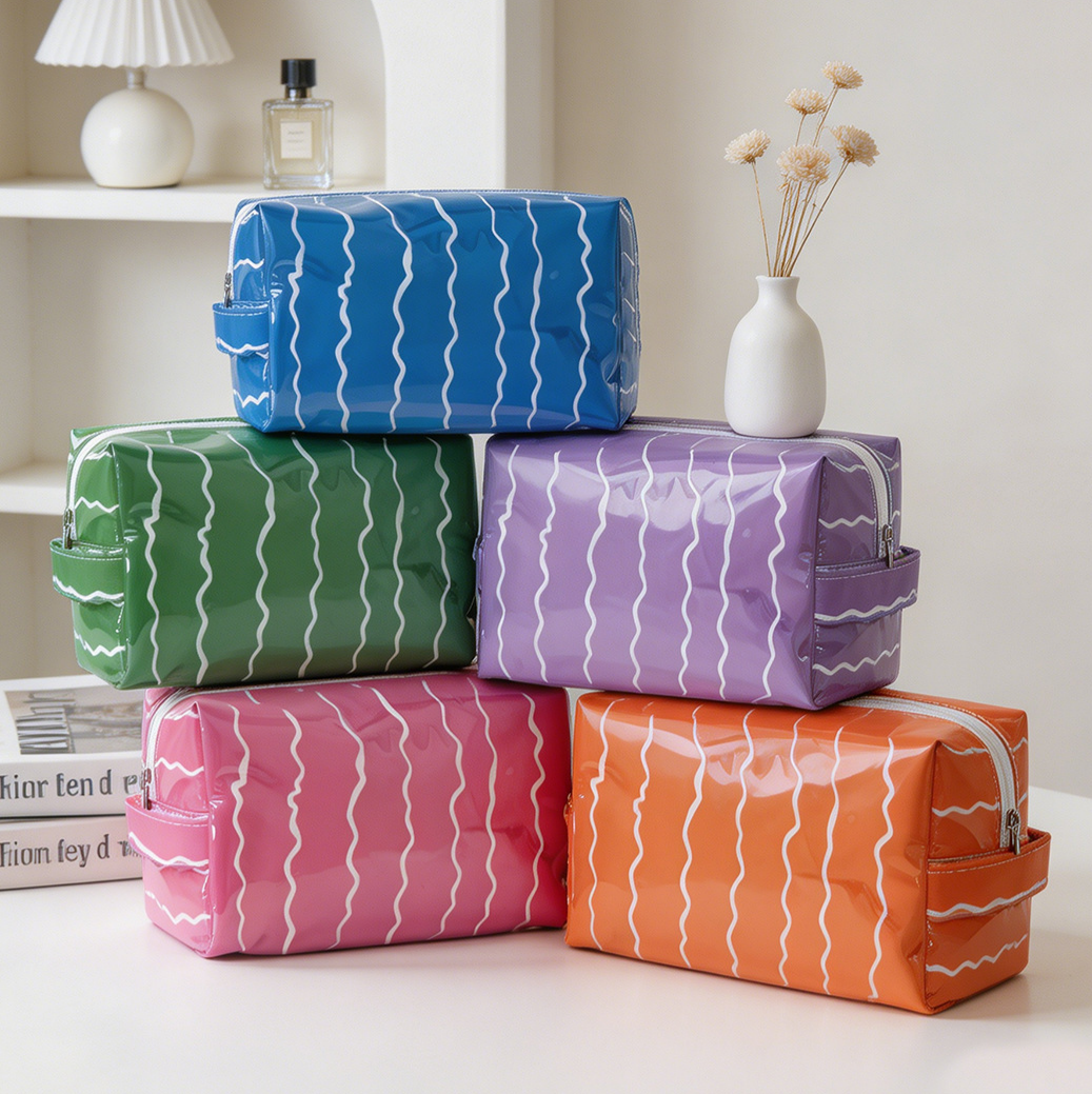 Glossy Wave Print Cosmetic Travel Pouch - Orange