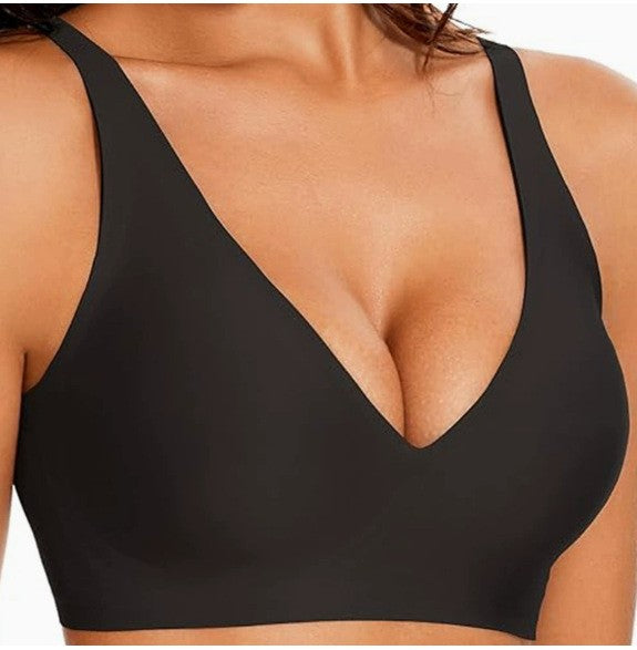 Seamless Stretch Wireless Deep V Plunge Bra - Black