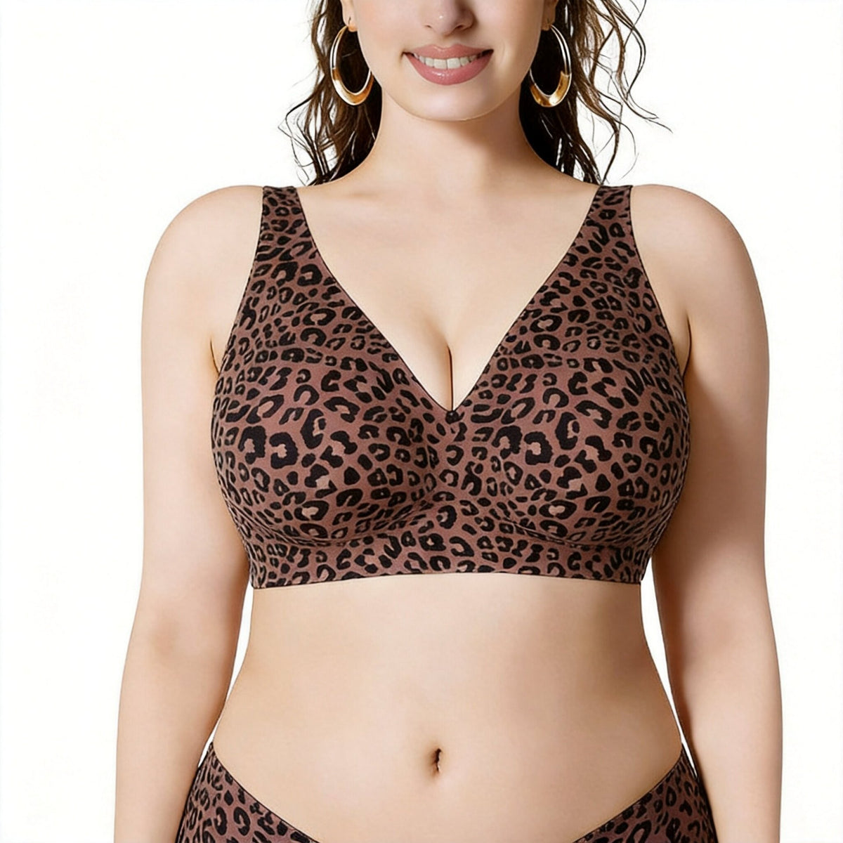 Seamless Stretch Wireless Deep V Plunge Bra - Gray Leopard