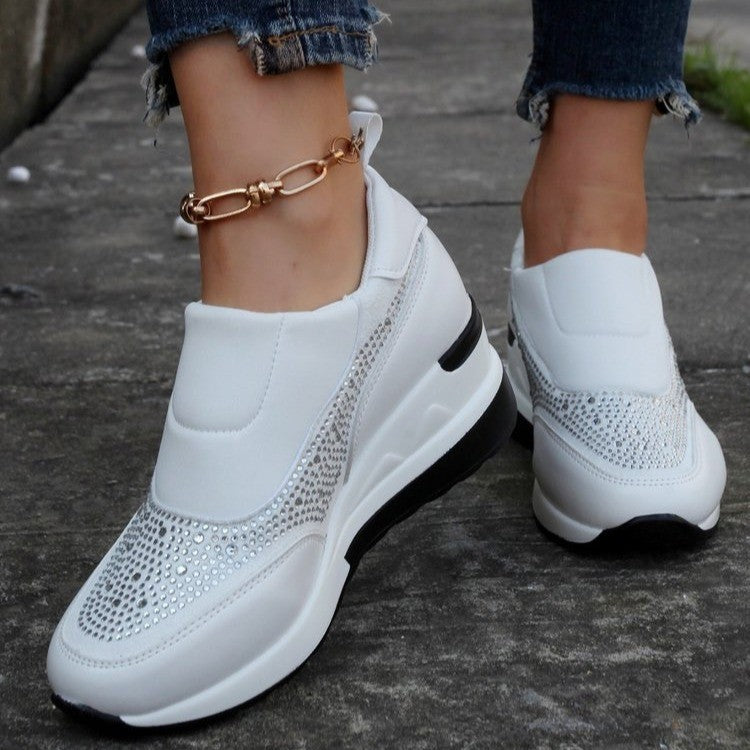 Rhinestone Slip-On Wedge Sneakers - White