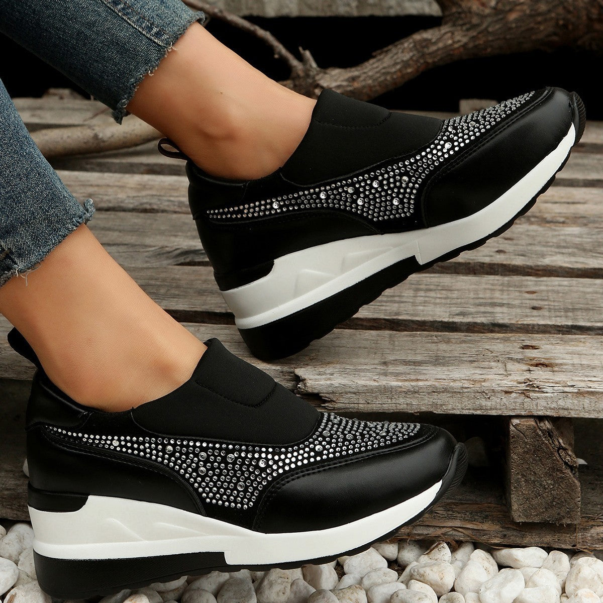 Rhinestone Slip-On Wedge Sneakers
