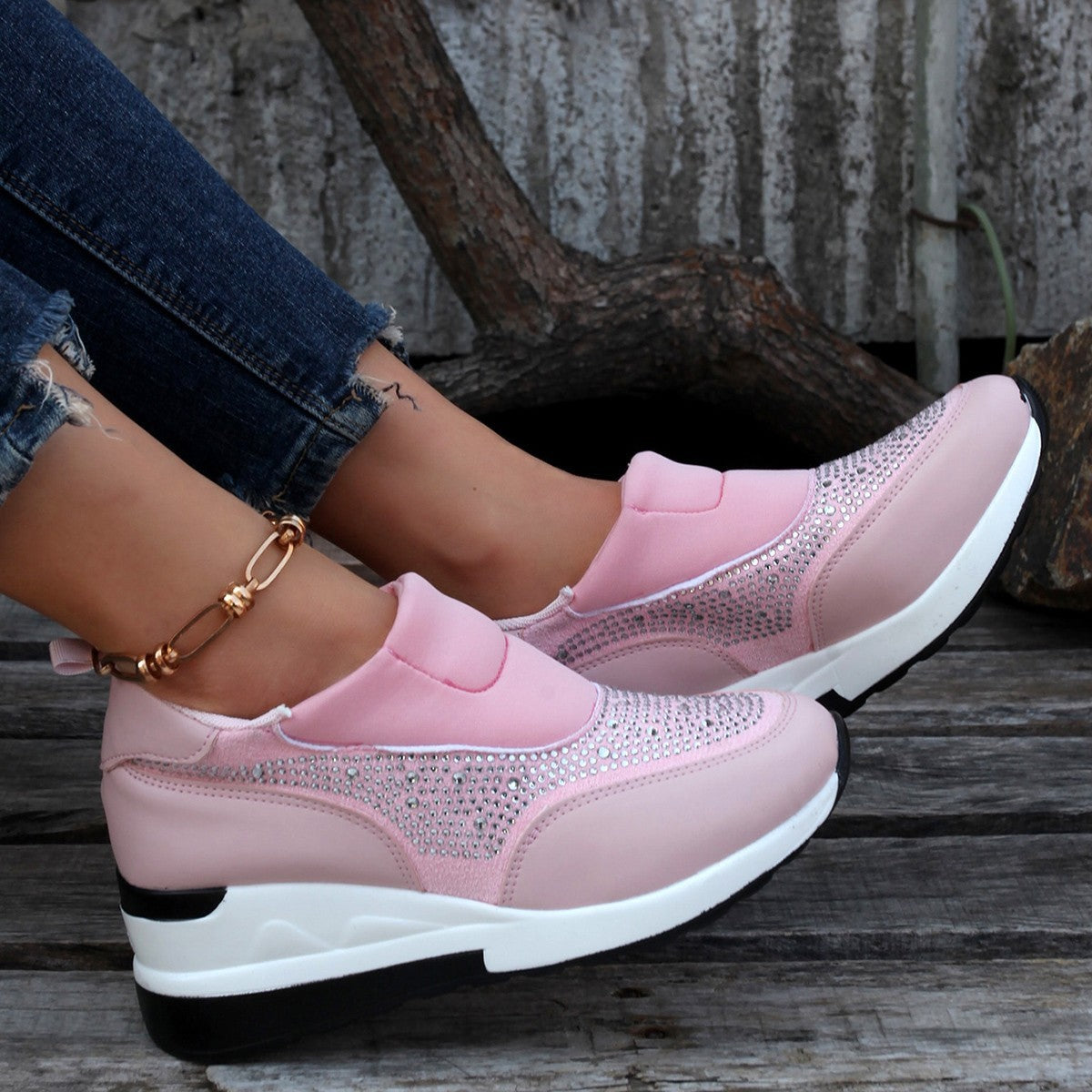 Rhinestone Slip-On Wedge Sneakers