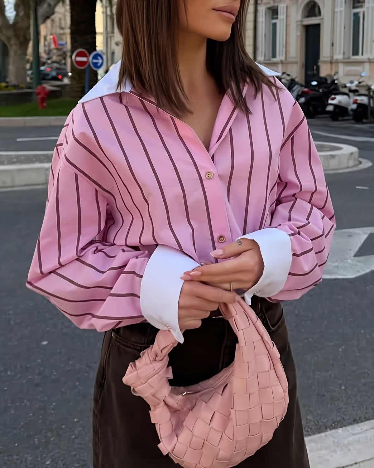 Pinstripe Shirt With Contrast Collar Cuffs - Pink - 1