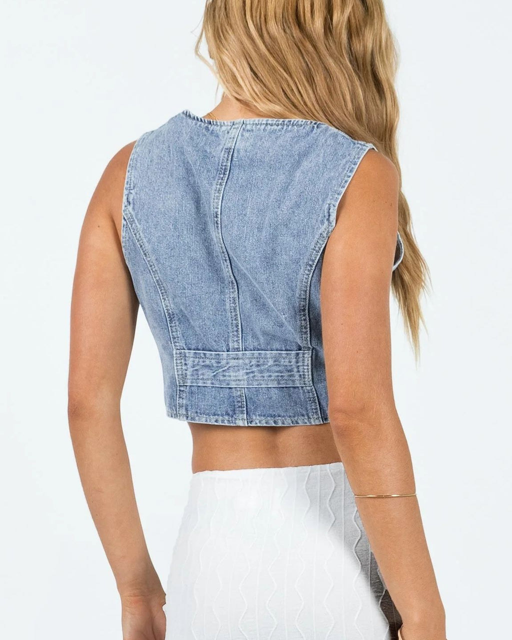 Washed Denim Cropped Waistcoat Tank - Blue - 2