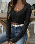 Pointelle Knit Cropped Polo Collar Sweater - Black