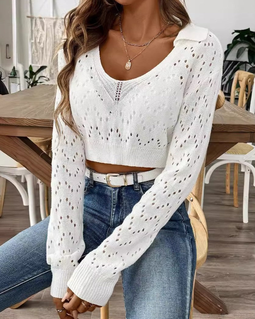 Pointelle Knit Cropped Polo Collar Sweater - White - 1