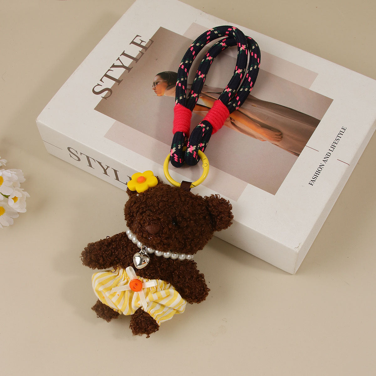 Tutu Bear Plush Keychain With Braided Strap - Brown