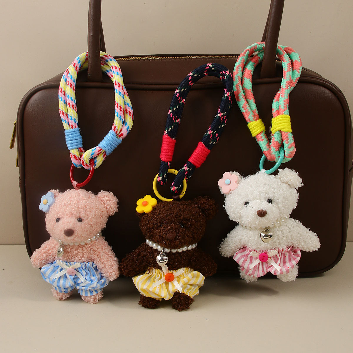 Tutu Bear Plush Keychain With Braided Strap - Pink